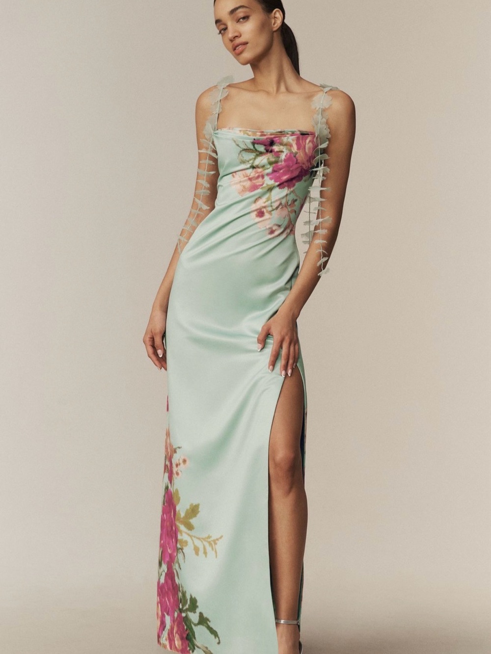 BHLDN Mint Floral Satin Maxi Dress with Pink Bouquet
